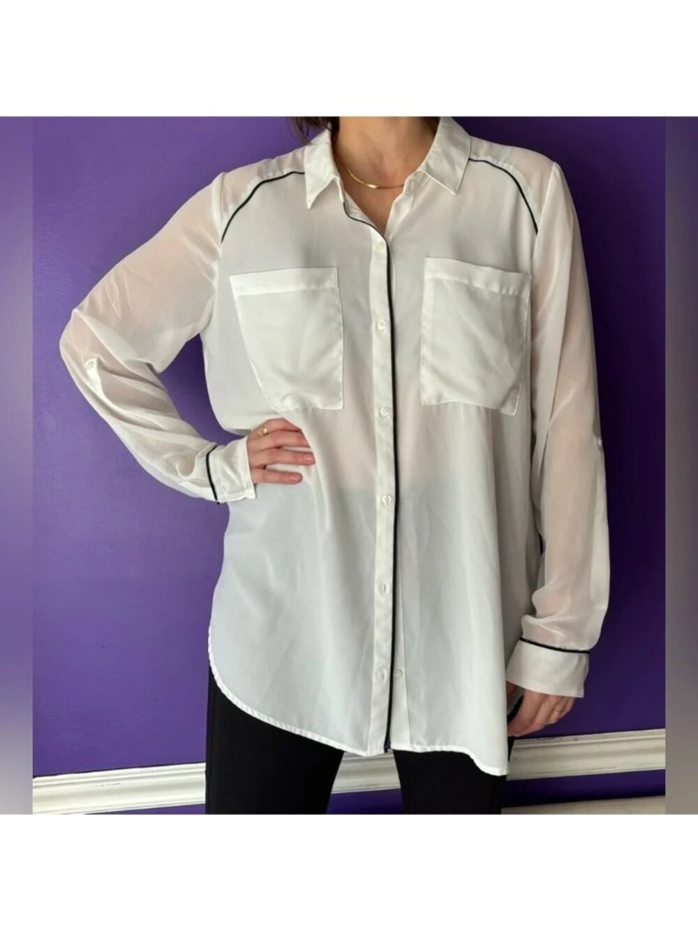 BELLE SKY White w/ Black Piping Long Sleeve Button Top Blouse - Women's XL